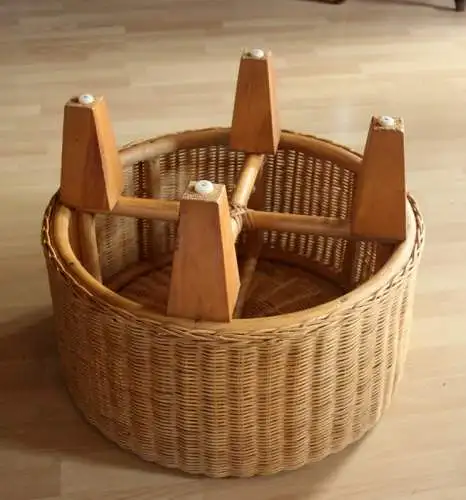Runder Beistelltisch Rattan, Bambus, Holz - Fußhocker - Hocker - Vintage