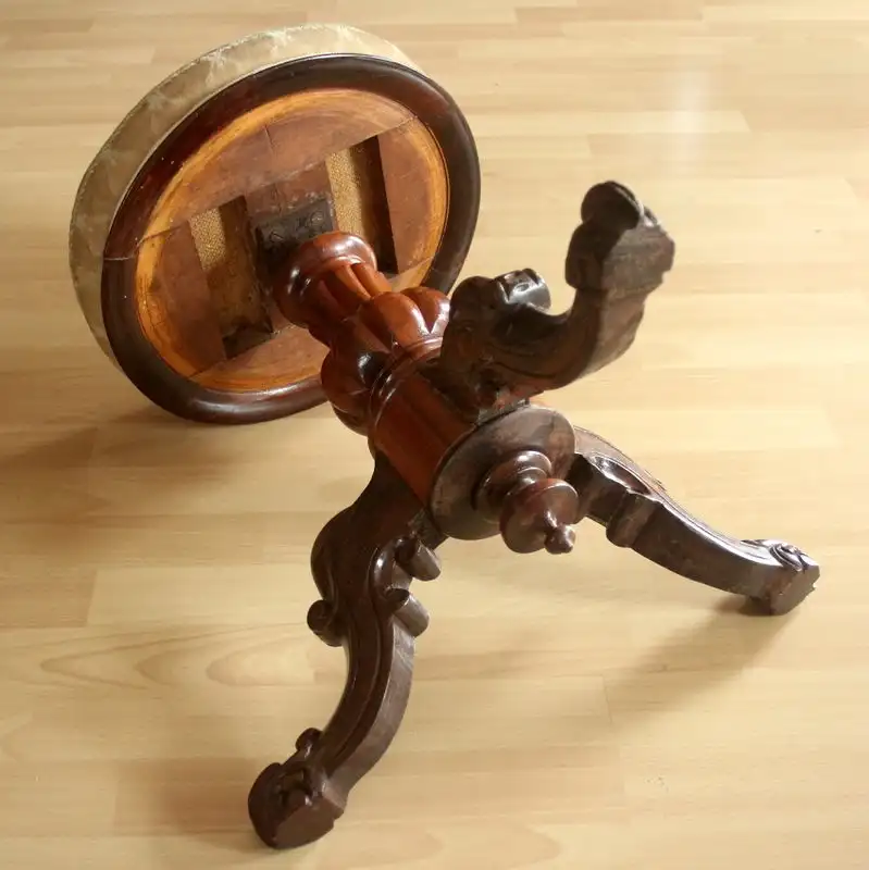 1920s Antiker hochwertiger Klavierhocker - drehbar - handgearbeiteter Fuß - Holz, Stoff, Metall 6