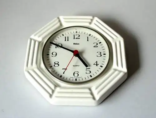 Küchenuhr Vintage Keramik Quartz Mebus schlicht zeitlos mid century Wandschmuck retro Küche Handarbeit Kitchen Clock West Germany weiß 70s 