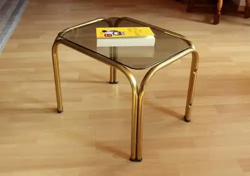 Beistelltisch Messing 70er Jahre Space Age mit Rauchglasplatte - Vintage - Blumenhocker