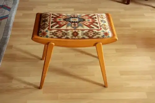 1950s Rockabilly Schminkhocker, Schlafzimmerhocker Holz mit Federung und Polsterung, Vintage mid century 