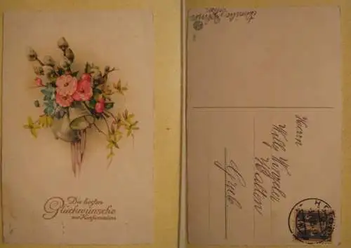 [Glückwunschkarte] Glückwünsche zur Konfirmation Glocke Blumen Rose 1925. 