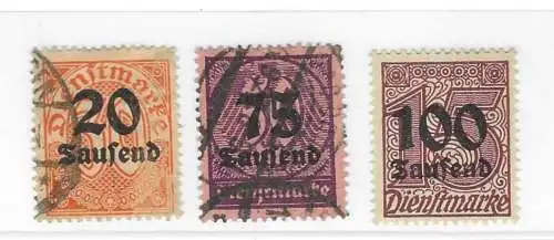 Deutsches Reich Dienstmarken 1923 Nr 90 91 92 Gestempelt (Posten) Ohne Gummierung (*)