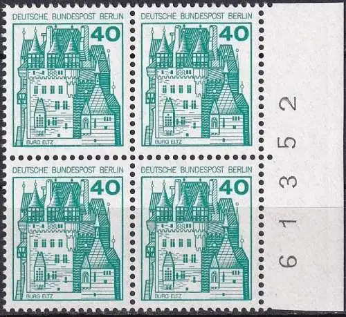 BERLIN 1977 Mi-Nr. 535 Viererblock vom Rand mit Bogennummer ** MNH