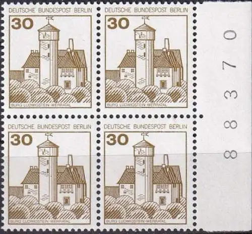 BERLIN 1977 Mi-Nr. 534 Viererblock vom Rand mit Bogennummer ** MNH