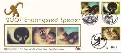 UNO NEW YORK - WIEN - GENF 2007 TRIO-FDC gefährdete Arten - Seidendruck - limitiert