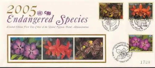 UNO NEW YORK - WIEN - GENF 2005 TRIO-FDC gefährdete Arten - Seidendruck - limitiert