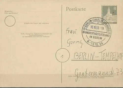 BERLIN 1952 Mi-Nr. P 31 Postkarte gestempelt Stempel Bundestagssitzung in Berlin