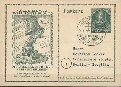 BERLIN 1952 Mi-Nr. P 28 Postkarte gestempelt Stuttgart Kirchentag 1952