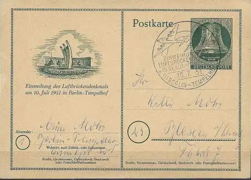BERLIN 1951 Mi-Nr. P 24 Postkarte gelaufen