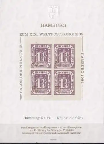 HAMBURG 1978 Mi-Nr. 20 zum XIX. Weltpostkongress 1978 Nachdruck Vignette