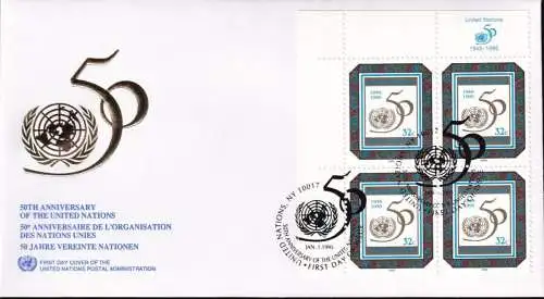 UNO NEW YORK 1995 Mi-Nr. 679 Eckrand-Viererblock FDC