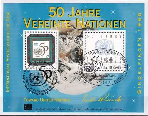 DEUTSCHLAND 1995 Mi-Nr. 1804 mit UNO auf Vignette 50 Jahre Vereinte Nationen