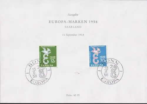 SAARLAND 1958 Mi-Nr. 439/40 Sonderblatt/Gedenkblatt