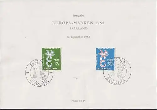 SAARLAND 1958 Mi-Nr. 439/40 Sonderblatt/Gedenkblatt - CEPT