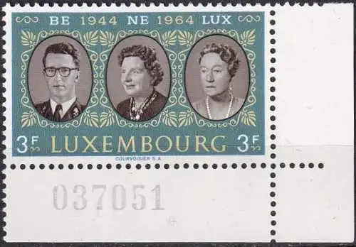 LUXEMBURG 1964 Mi-Nr. 700 Eckrand mit Bogennummer ** MNH