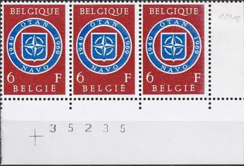 BELGIEN 1969 Mi-Nr. 1549 3er Eckrand mit Bogennummer ** MNH