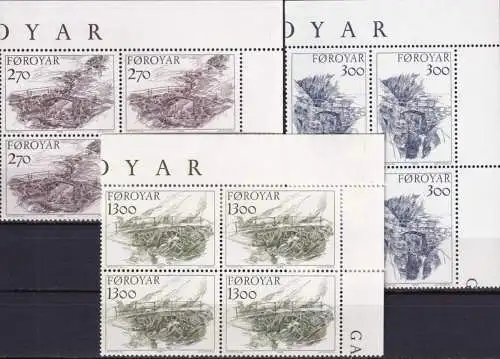 FÄRÖER 1986 Mi-Nr. 142/44 Eckrand-Viererblocks ** MNH