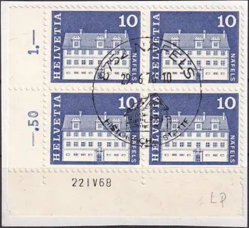 SCHWEIZ 1968 Mi-Nr. 879 Eckrand-Viererblock auf Papier o used