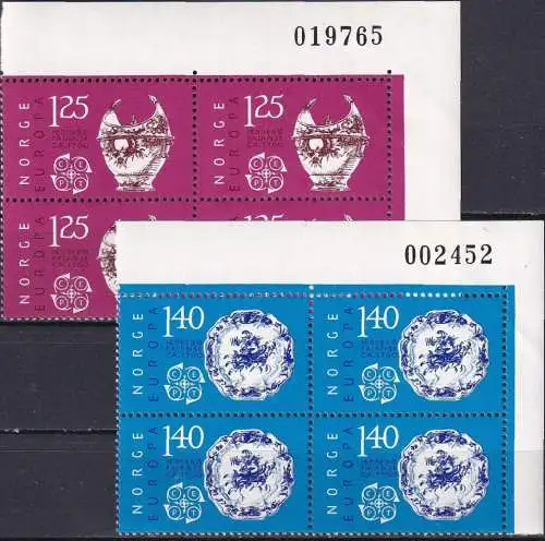 NORWEGEN 1976 Mi-Nr. 724/25 Eckrand-Viererblocks Bogennummer ** MNH