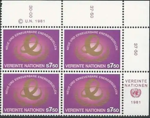 UNO WIEN 1981 Mi-Nr. 20 Eckrand-Viererblock ** MNH