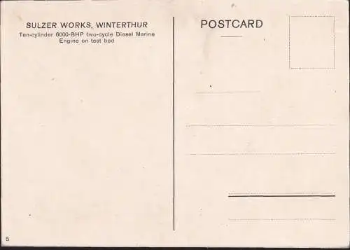 Sulzer Werke Winterthur Postkarte Nr. 5 Zehnzylinder-Zweitakt-Diesel-Schiffsmotor mit 6000 PS auf dem Prüfstand