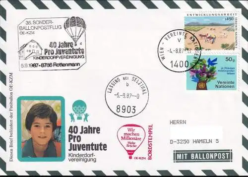 UNO WIEN 1987 Ballonpost Bordstempel OE-KZM