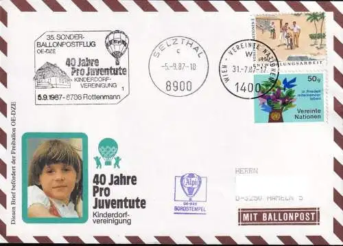 UNO WIEN 1987 Ballonpost Bordstempel OE-DZE