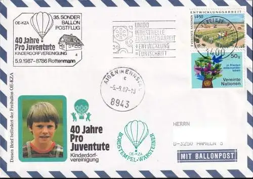 UNO WIEN 1987 Ballonpost Bordstempel OE-KZA