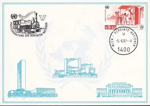 UNO WIEN 1987 Mi-Nr. 64 WEISSE KARTE - BAHNPHILA'87 WIEN 5.06.1987