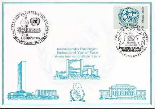 UNO WIEN 1986 Mi-Nr. 59 WEISSE KARTE - UNPAX 86 OSNABRÜCK 20.06.1986