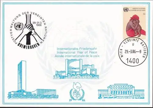 UNO WIEN 1986 Mi-Nr. 55 WEISSE KARTE - BREMERHAVEN 29.03.1986