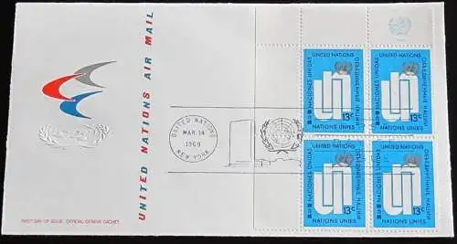 UNO NEW YORK 1969 Mi-Nr. 212 Viererblock FDC