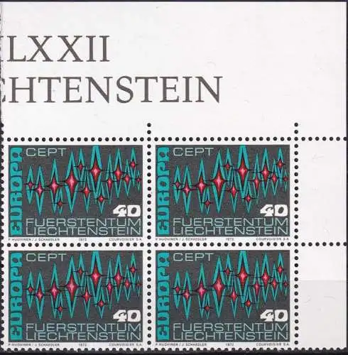 LIECHTENSTEIN 1972 Mi-Nr. 564 Eckrand-Viererblock ** MNH