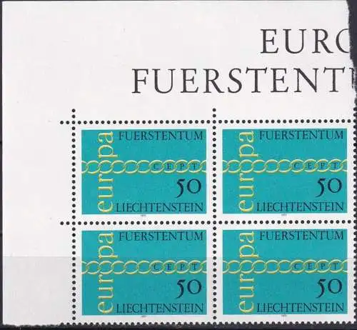 LIECHTENSTEIN 1971 Mi-Nr. 545 Eckrand-Viererblock ** MNH