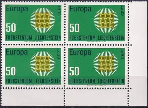 LIECHTENSTEIN 1970 Mi-Nr. 525 Eckrand-Viererblock ** MNH
