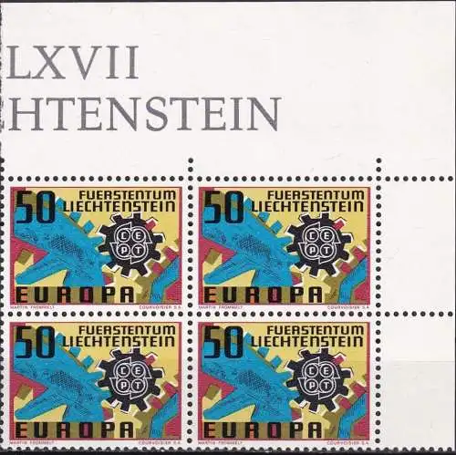 LIECHTENSTEIN 1967 Mi-Nr. 474 Eckrand-Viererblock ** MNH