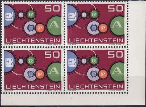 LIECHTENSTEIN 1961 Mi-Nr. 414 Eckrandviererblock ** MNH