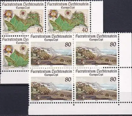 LIECHTENSTEIN 1977 Mi-Nr. 667/68 Eckrand-Viererblocks ** MNH