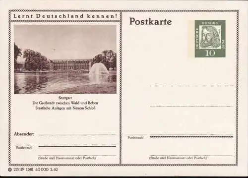 DEUTSCHLAND 1962 Mi-Nr. P 72 Postkarte lernt Deutschland kennen Stuttgart ungelaufen
