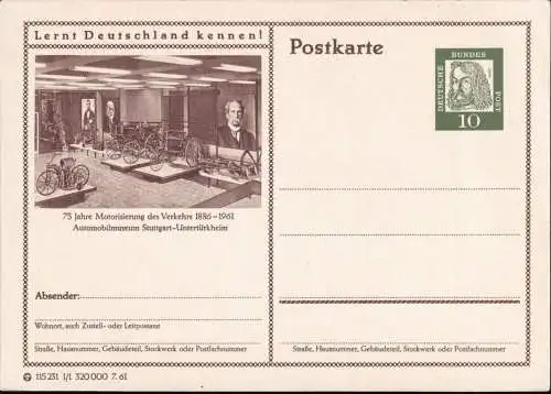 DEUTSCHLAND 1961 Mi-Nr. P 65 Postkarte lernt Deutschland kennen Stuttgart ungelaufen
