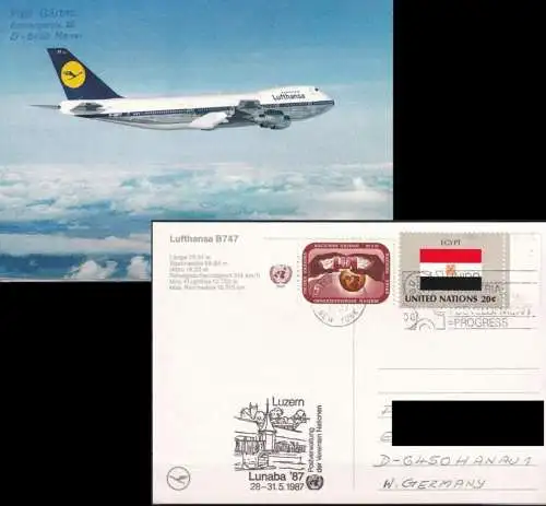 UNO NEW YORK 1987 Postkarte Lunaba'87 Lufthansa Boeing 747
