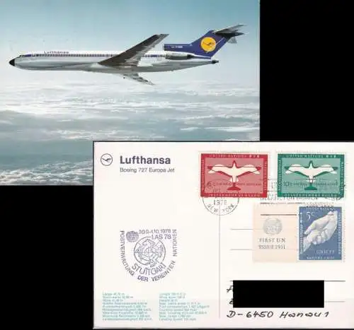 UNO NEW YORK 1978 Postkarte Stuttgart78 Lufthansa Boeing 727