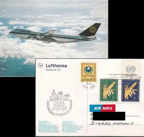 UNO NEW YORK 1978 Postkarte Ovebria78 Lufthansa Boeing 747