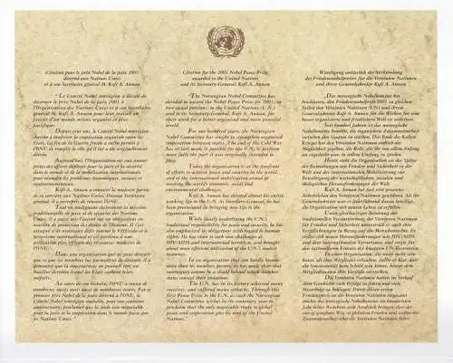 UNO GENF 2001 Mi-Nr. 432 Kleinbogen ** MNH in Mappe/Folder mit Fotodruck