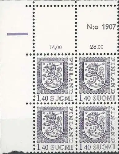 FINNLAND 1983 Mi-Nr. 938 II Eckrand-Viererblock ** MNH