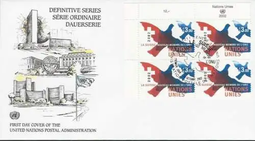 UNO GENF 2002 Mi-Nr. 458 Eckrand-Viererblock FDC