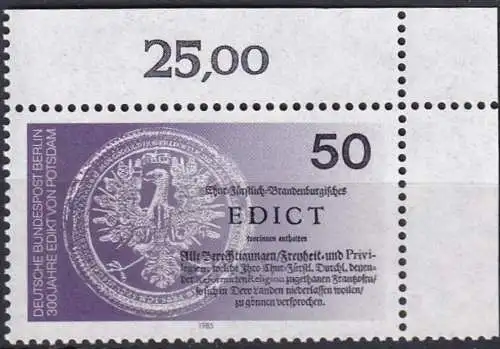 BERLIN 1985 Mi-Nr. 743 ** MNH Eckrand