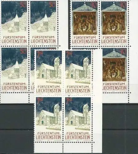 LIECHTENSTEIN 1992 Mi-Nr. 1050/52 Eckrand-Viererblocks ** MNH