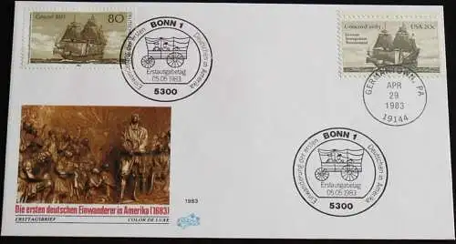 DEUTSCHLAND 1983 Mi-Nr. 1180 mit USA MI-Nr. 1628 auf FDC Stempel Germantown und Bonn